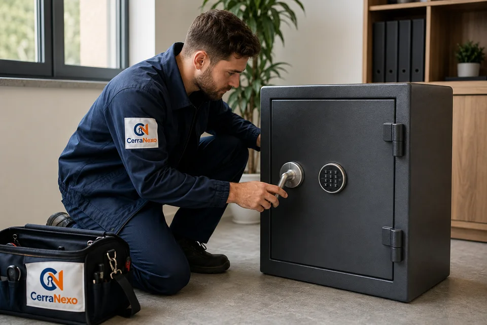 Apertura de cajas fuertes en Alcorcón | CerraNexo Escena ilustrativa: técnico de CerraNexo revisando la manilla de una caja fuerte con teclado electrónico.