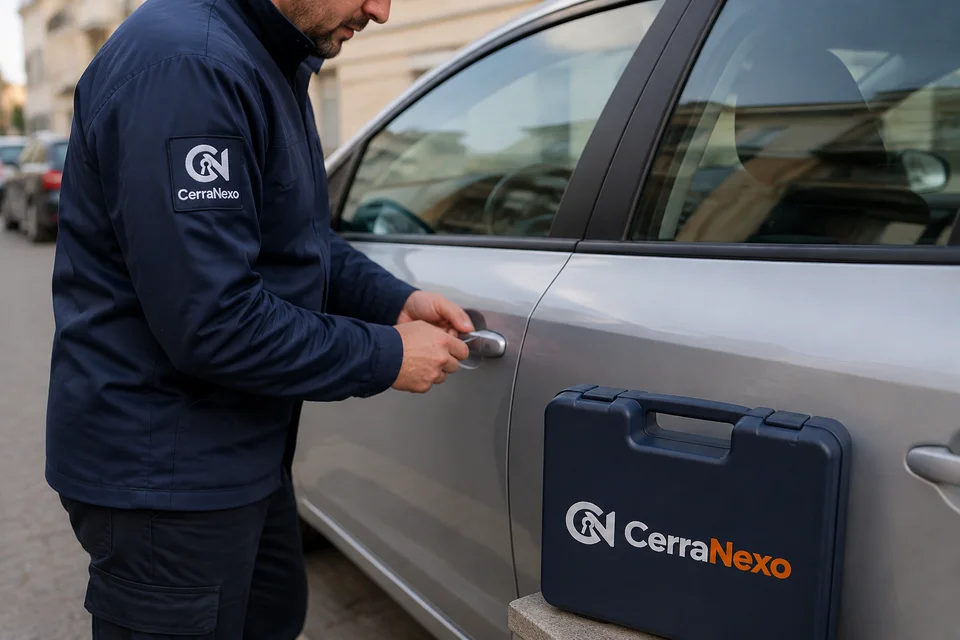 Apertura de coches en Alcorcón | CerraNexo Escena ilustrativa: cerrajero de CerraNexo trabajando junto a la manilla de un coche plateado para recuperar el acceso.