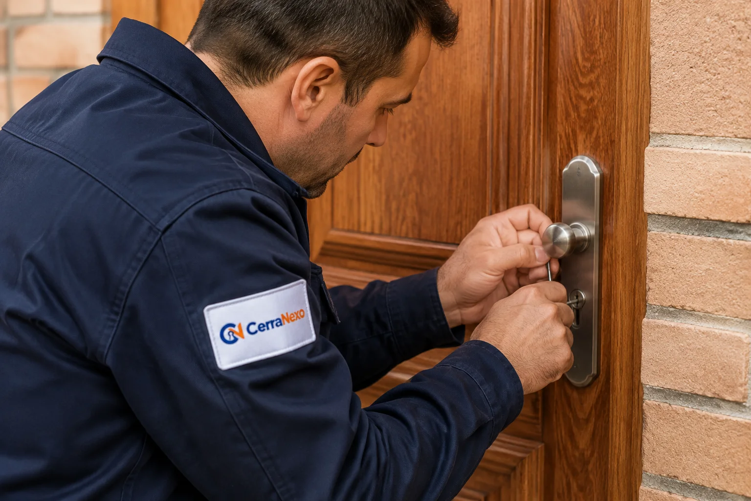 Apertura de puertas en Alcorcón | CerraNexo Escena ilustrativa: técnico de CerraNexo trabajando en el bombín de una puerta de madera para abrirla.