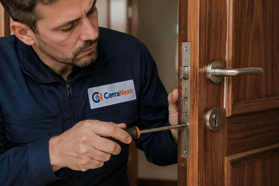 Cambio de cerraduras en Alcorcón | CerraNexo Escena ilustrativa: técnico de CerraNexo ajustando con un destornillador la cerradura en el canto de una puerta de madera.