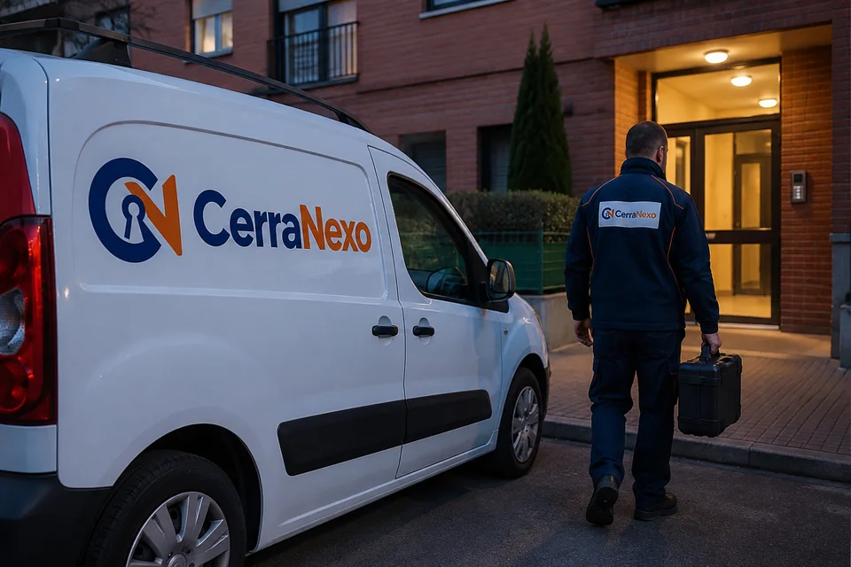 Cerrajeros de urgencia 24 horas en Alcorcón | CerraNexo Escena ilustrativa: cerrajero con maletín acercándose a un portal iluminado al anochecer, junto a una furgoneta CerraNexo.